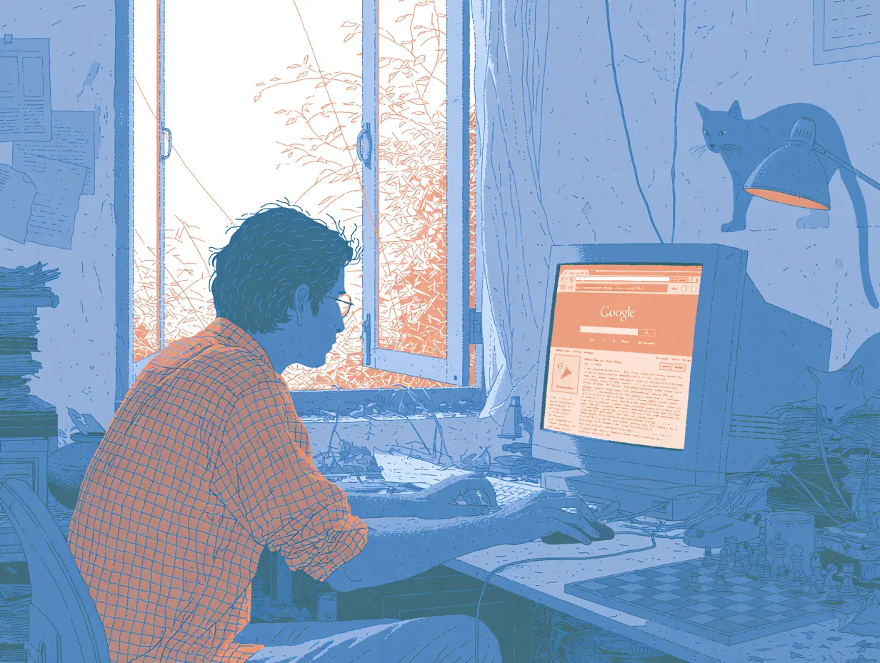 Illustration of someone at a desktop computer looking at a Google search results page, with a window, plants, and a cat, in a warm blue and orange scene.